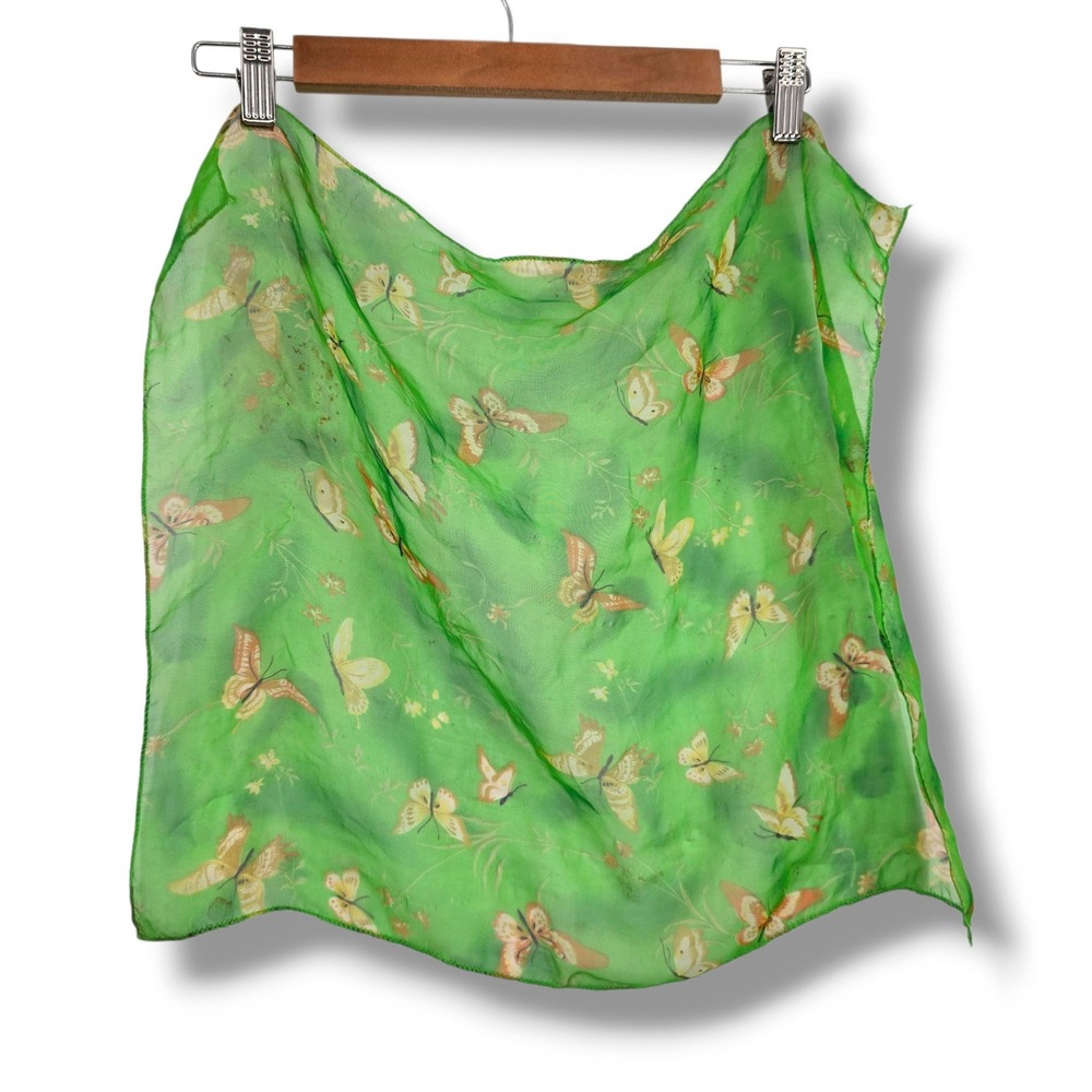 Vintage Sheer Green Butterfly Print Square Scarf Lightweight Nature Accessory